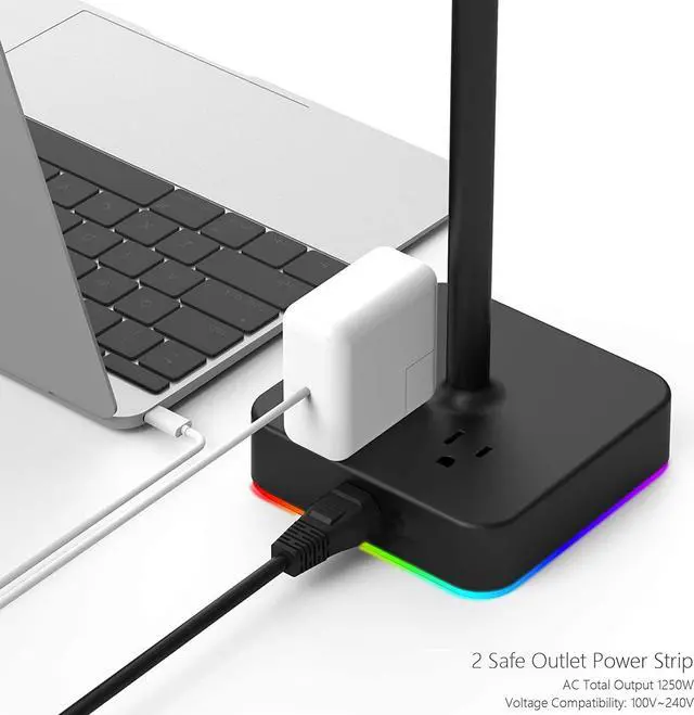 Alt view image 4 of 7 - KAFRI RGB Dual Headphone Stand with USB C Charger Desk Gaming Double Headset Holder Hanger Rack with 3 USB Charging Port and 2 Outlet - Suitable for Gamer Desktop Table Game Earphone Accessories Gift