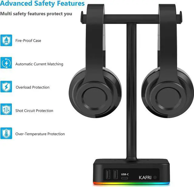 Alt view image 6 of 7 - KAFRI RGB Dual Headphone Stand with USB C Charger Desk Gaming Double Headset Holder Hanger Rack with 3 USB Charging Port and 2 Outlet - Suitable for Gamer Desktop Table Game Earphone Accessories Gift