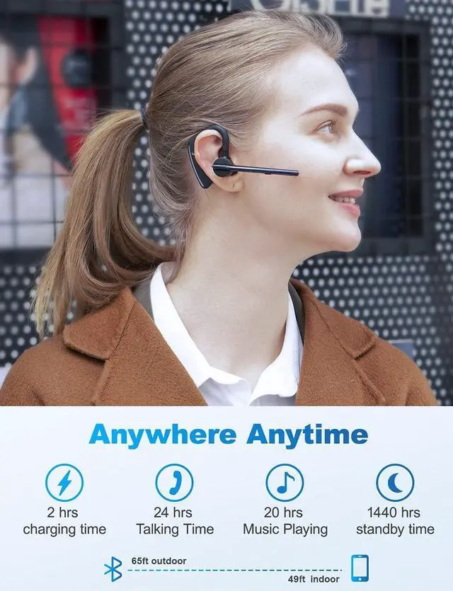 Alt view image 3 of 7 - Bluetooth Earpiece for Cell Phone Hands Free Noise Cancelling Bluetooth Earpiece Headset Wireless 24 Hrs Talking 1440 Hrs Standby time for iPhone Android Trucker Driver