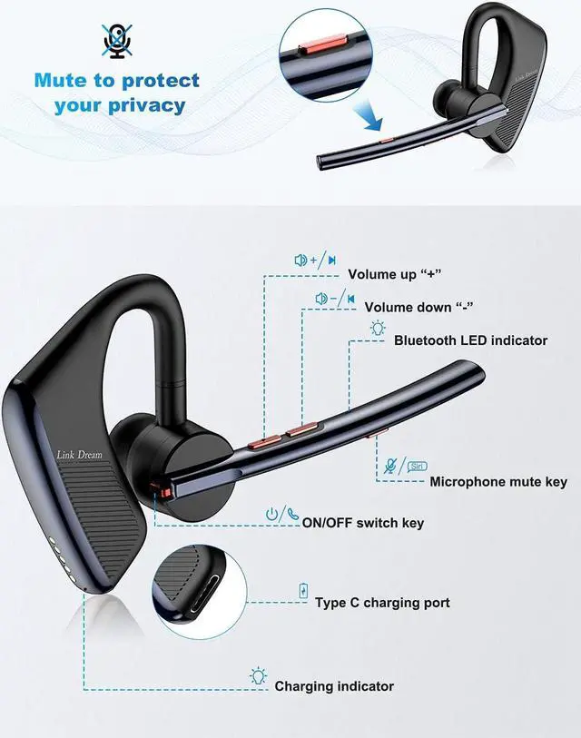 Alt view image 6 of 7 - Bluetooth Earpiece for Cell Phone Hands Free Noise Cancelling Bluetooth Earpiece Headset Wireless 24 Hrs Talking 1440 Hrs Standby time for iPhone Android Trucker Driver