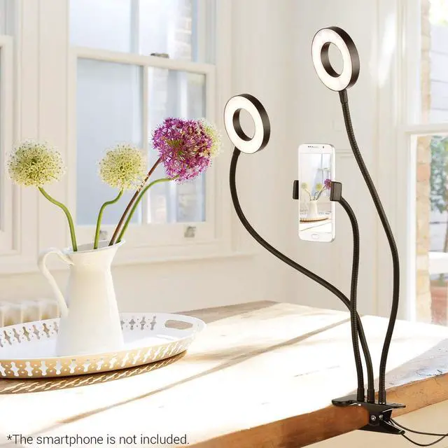 Alt view image 6 of 7 - Clip-On LED Ring Light 3 Lighting Modes USB Fill-in Lamp Dual Lights Dimmable Flexible Arms Design with Phone Holder for Live Video Chatting Selfie
