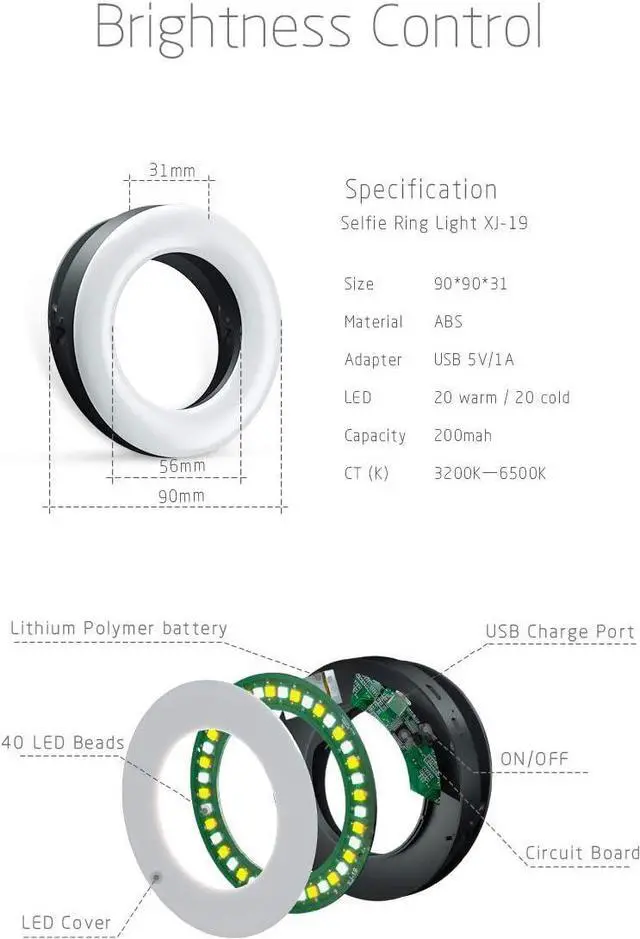 Alt view image 2 of 5 - XINBAOHONG Selfie Ring Light Rechargeable Portable Clip-on Selfie Fill Light with 40 LED for Smart Phone Photography, Camera Video, Girl
