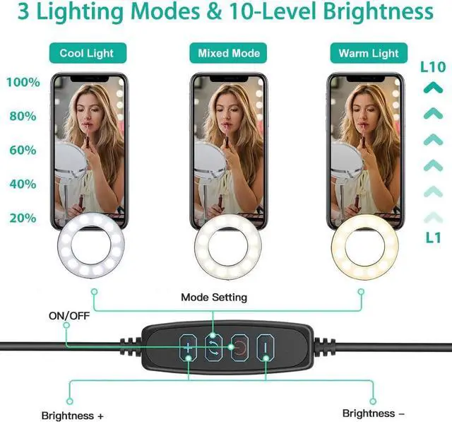 Alt view image 3 of 7 - NexiGo 3.5 Inch Dual Selfie Ring Light with Moible Phone & Webcam Holder, 3-Light Modes, 10 Brightness Levels, LED Ringlight with Tripod Stand, for Live Streaming Makeup Video Conference