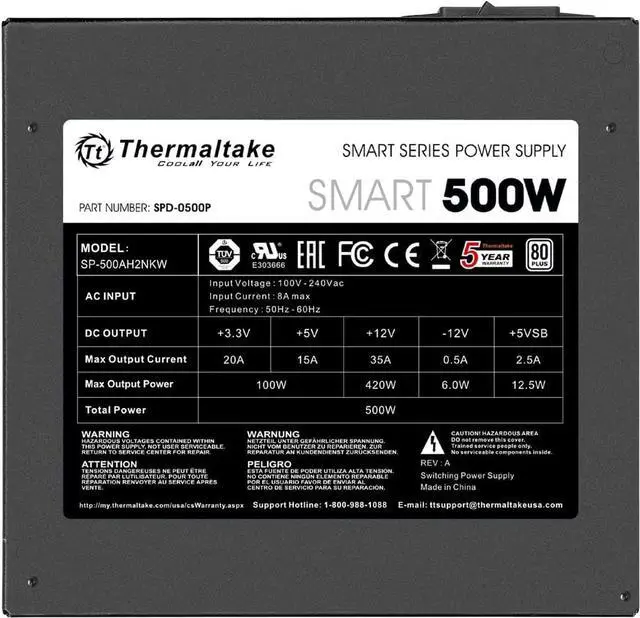 Alt view image 4 of 6 - Thermaltake Smart 500W 80+ White Certified PSU, Continuous Power with 120mm Ultra Quiet Cooling Fan, ATX 12V V2.3/EPS 12V Active PFC Power Supply PS-SPD-0500NPCWUS-W