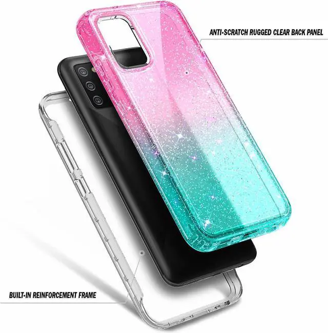 Alt view image 3 of 5 - NZND Case for Samsung Galaxy A03S with [Built-in Screen Protector], Full-Body Protective Shockproof Rugged Bumper Cover, Impact Resist Phone Case (Glitter Pink/Aqua)