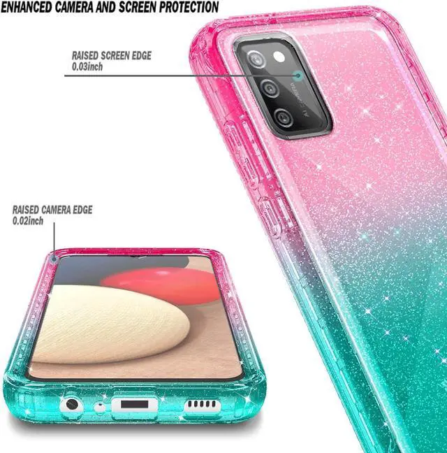 Alt view image 2 of 5 - NZND Case for Samsung Galaxy A03S with [Built-in Screen Protector], Full-Body Protective Shockproof Rugged Bumper Cover, Impact Resist Phone Case (Glitter Pink/Aqua)