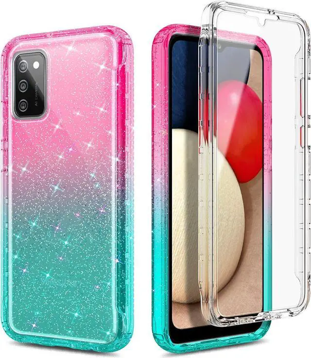 Alt view image 5 of 5 - NZND Case for Samsung Galaxy A03S with [Built-in Screen Protector], Full-Body Protective Shockproof Rugged Bumper Cover, Impact Resist Phone Case (Glitter Pink/Aqua)
