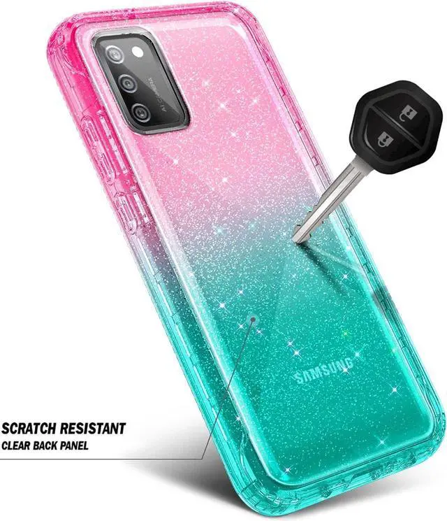 Alt view image 4 of 5 - NZND Case for Samsung Galaxy A03S with [Built-in Screen Protector], Full-Body Protective Shockproof Rugged Bumper Cover, Impact Resist Phone Case (Glitter Pink/Aqua)