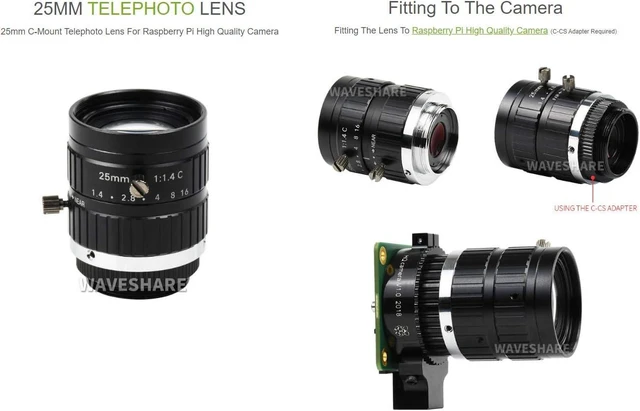 Alt view image 3 of 5 - Waveshare Industrial Telephoto Lens with 25mm Focal Length Multi Field Angle C-Mount Compatible with Raspberry Pi HQ Camera