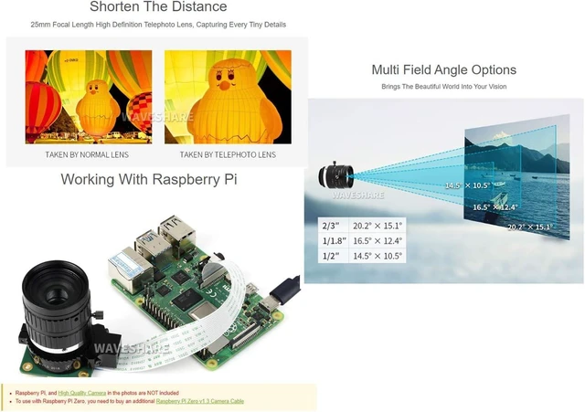 Alt view image 4 of 5 - Waveshare Industrial Telephoto Lens with 25mm Focal Length Multi Field Angle C-Mount Compatible with Raspberry Pi HQ Camera