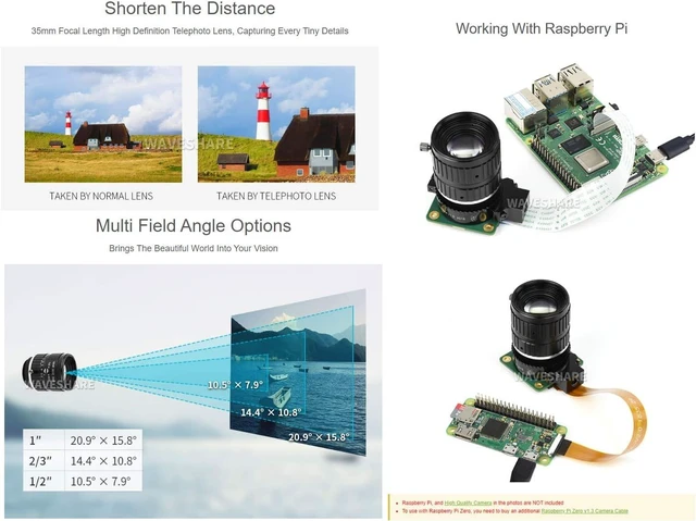 Alt view image 6 of 7 - Waveshare Industrial Telephoto Lens with 35mm Focal Length Multi Field Angle C-Mount Compatible with Raspberry Pi HQ Camera