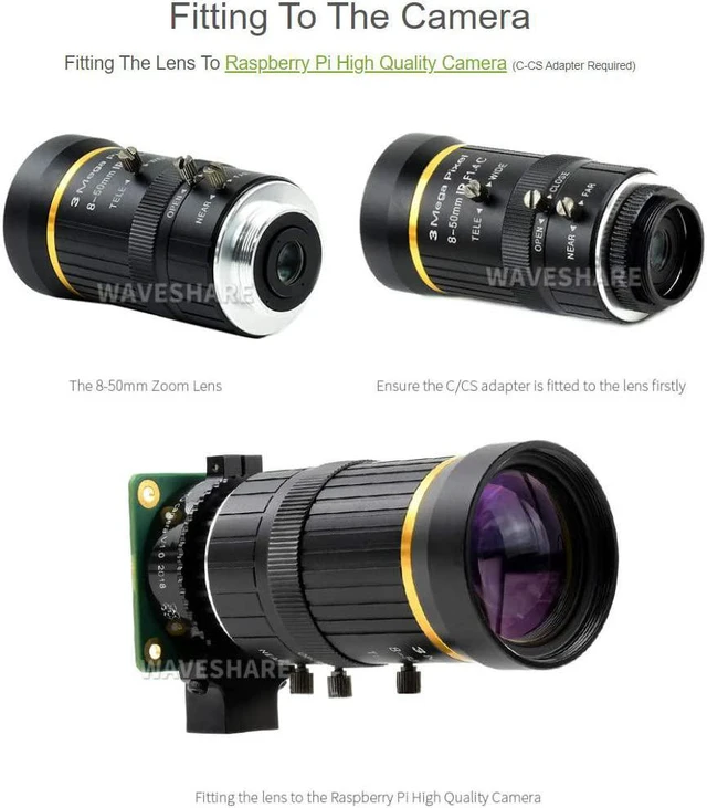 Alt view image 5 of 7 - Waveshare Industrial Zoom Lens 8-50mm Adjustable Focal Length with Adjustable Angle of View C-Mount Compatible with Raspberry Pi HQ Camera