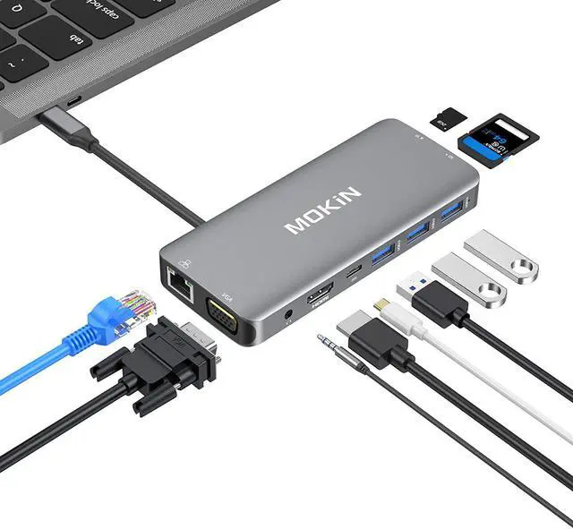 Main image of USB C Hub Multiport Adapter - 10 in 1 Portable Dongle with 4K HDMI VGA Ethernet 3 USB Ports Audio PD Charger SD/Micro SD Card Reader Compatible for MacBook Pro XPS More Type C Devices.