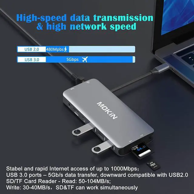Alt view image 4 of 7 - USB C Hub Multiport Adapter - 10 in 1 Portable Dongle with 4K HDMI VGA Ethernet 3 USB Ports Audio PD Charger SD/Micro SD Card Reader Compatible for MacBook Pro XPS More Type C Devices.