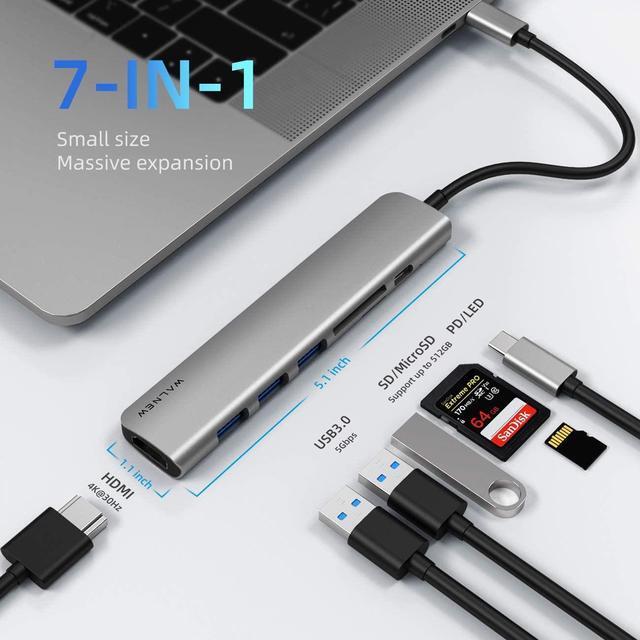 Alt view image 2 of 7 - WALNEW USB C Hub with 4k HDMI,100W Power Delivery,SD/TF Reader,USB 3.0 Data Ports,7-in-1 USBC Dongle Multiport Adapter,Thunderbolt 4 Dock for Macbook Pro/Air,Mac,iPad 10,Surface,Dell XPS Laptop,Tab S7