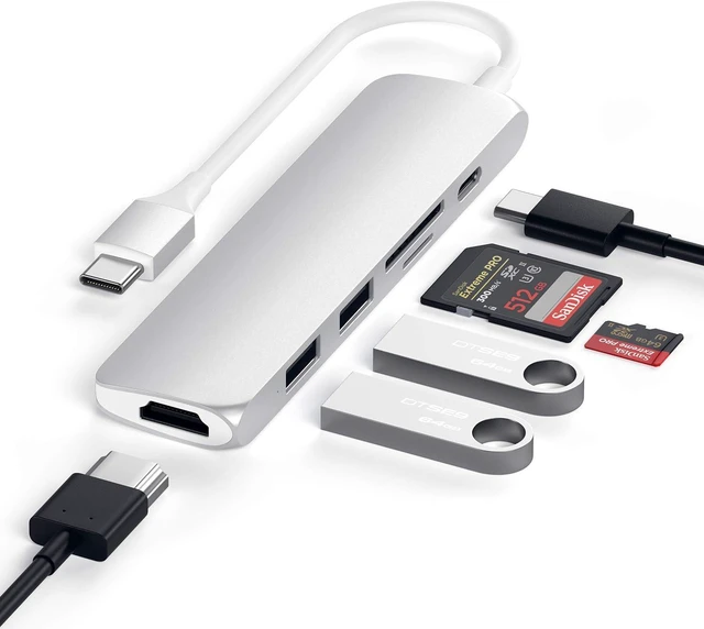 Alt view image 3 of 6 - Satechi USB C Hub Slim Multiport Adapter V2 with 60W USB C PD, 4K HDMI (60Hz), Micro/SD Card Readers, USB 3.0 - for M2/ M1 MacBook Pro/Air, M2/ M1 iPad Pro/Air, M2 Mac Mini, iMac M1 (Silver)