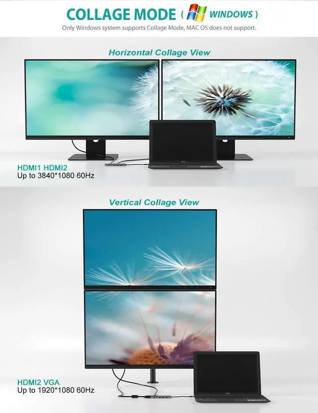 Alt view image 2 of 7 - USB C Hub USB C Adapter 9 in 1 Triple Display Collage Display Type C Adapter with 2 4K HDMI VGA PD USB 3.0 and TF/SD Card Reader for MacBook and Type-C Laptops