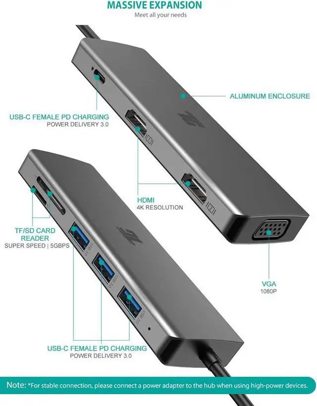 Alt view image 4 of 7 - USB C Hub USB C Adapter 9 in 1 Triple Display Collage Display Type C Adapter with 2 4K HDMI VGA PD USB 3.0 and TF/SD Card Reader for MacBook and Type-C Laptops
