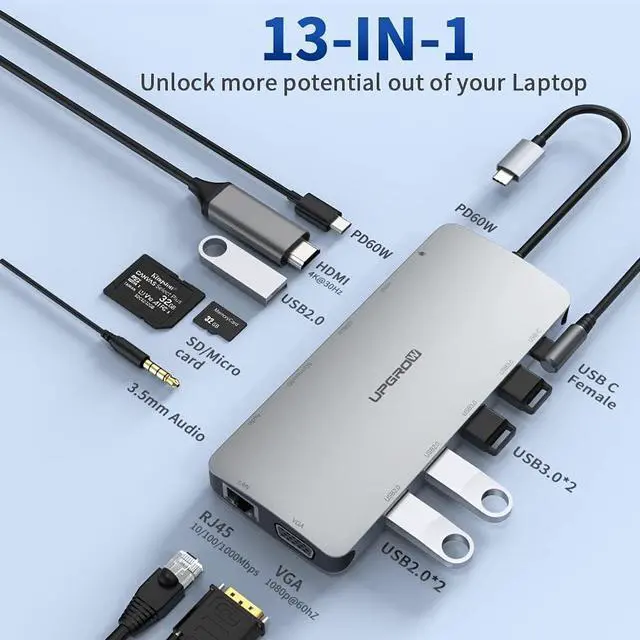 Alt view image 3 of 6 - USB C Docking Station, MacBook HDMI Adapter 13-in-1 UPGROW Type-C Hub with 4K HDMI,VGA,USB 3.0&2.0, USB C/F, PD Charger, SD/TF, RJ45, Aux, USB C Ethernet Adapter Splitter for Most Type C Laptops