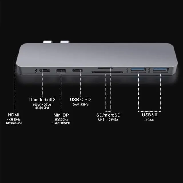 Alt view image 3 of 7 - HyperDrive Mac USB C Hub Adapter, Multi-Port Hub MacBook Pro 2020 2019-2016, MacBook Air 8-in-2 Dongle w Thunderbolt 3, USB-C 100W PD, 4K HDMI, MiniDP, microSD/SD Card Reader, 2xUSB A - Gray