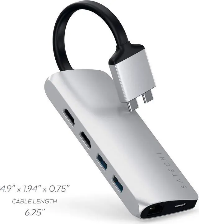 Alt view image 5 of 6 - Satechi Type-C Dual Multimedia Adapter with Dual 4K HDMI, USB-C PD, Gigabit Ethernet, Micro/SD Card Readers, USB 3.0 - for M2/ M1 MacBook Pro/Max (Silver)
