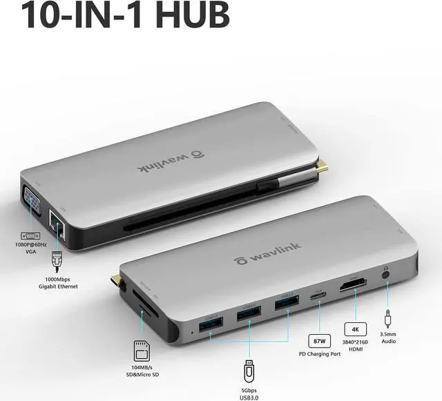 Alt view image 2 of 7 - WAVLINK USB C Hub, 10-in-1 Type C Adapter Mini Docking Station with 4K 30Hz HDMI, 2K 60Hz VGA, RJ45 Ethernet, 3 USB 3.0, SD/TF Card Reader, 3.5mm Audio Jack, 87W PD for Windows Mac and More
