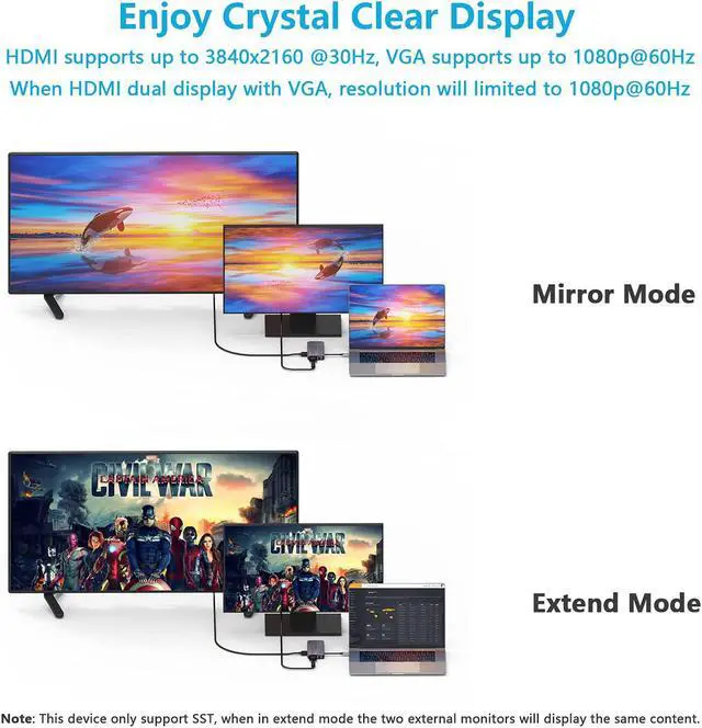 Alt view image 3 of 7 - WAVLINK USB C Hub, 10-in-1 Type C Adapter Mini Docking Station with 4K 30Hz HDMI, 2K 60Hz VGA, RJ45 Ethernet, 3 USB 3.0, SD/TF Card Reader, 3.5mm Audio Jack, 87W PD for Windows Mac and More