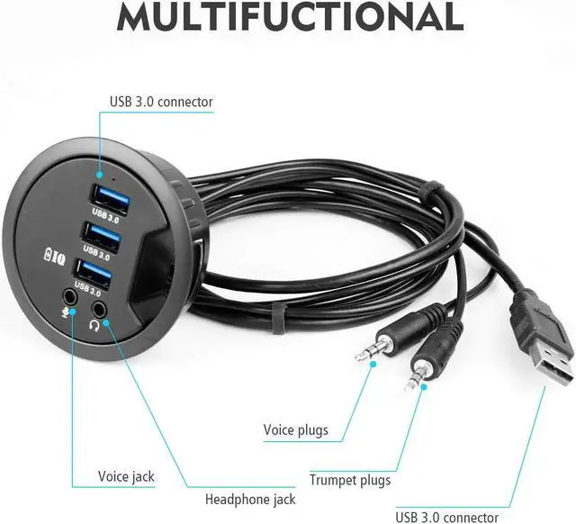 Alt view image 3 of 6 - WDX Grommet Hole in Desk USB 3.0 3 Port Hub BC 1.2 USB Charger with 3.5mm Sound Card Mic Phone Jack, for iPhone/Smart Phones