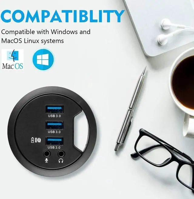 Alt view image 4 of 6 - WDX Grommet Hole in Desk USB 3.0 3 Port Hub BC 1.2 USB Charger with 3.5mm Sound Card Mic Phone Jack, for iPhone/Smart Phones