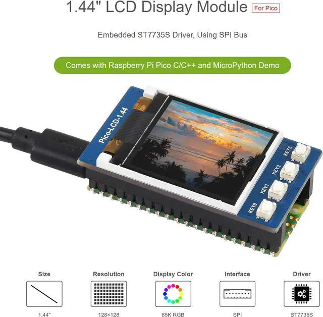 Alt view image 4 of 7 - waveshare 1.44 inch LCD Display for Raspberry Pi Pico, 128×128 Color Screen TFT Display Module SPI Interface, Embedded ST7735S Driver, Compatible with Raspberry Pi Pico Header