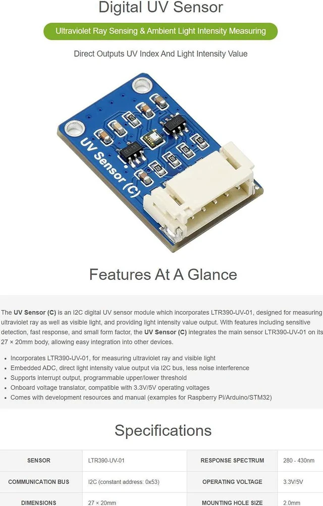 Alt view image 4 of 6 - Waveshare Digital LTR390-UV Ultraviolet Sensor (C) Ultraviolet Ray Sensing Ambient Light Intensity Measuring Direct UV Index Value Output I2C Bus