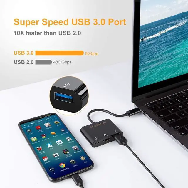 Alt view image 5 of 7 - USB C to 4K HDMI Hub, CableCreation 3-in-1 USB-C Hub with HDMI, USB 3.0 and 60W PD Charging [Thunderbolt 3 Compatible] for MacBook Pro 2017/2018/2019, Dell XPS 13/15, Galaxy Note 10, Surface Book 2