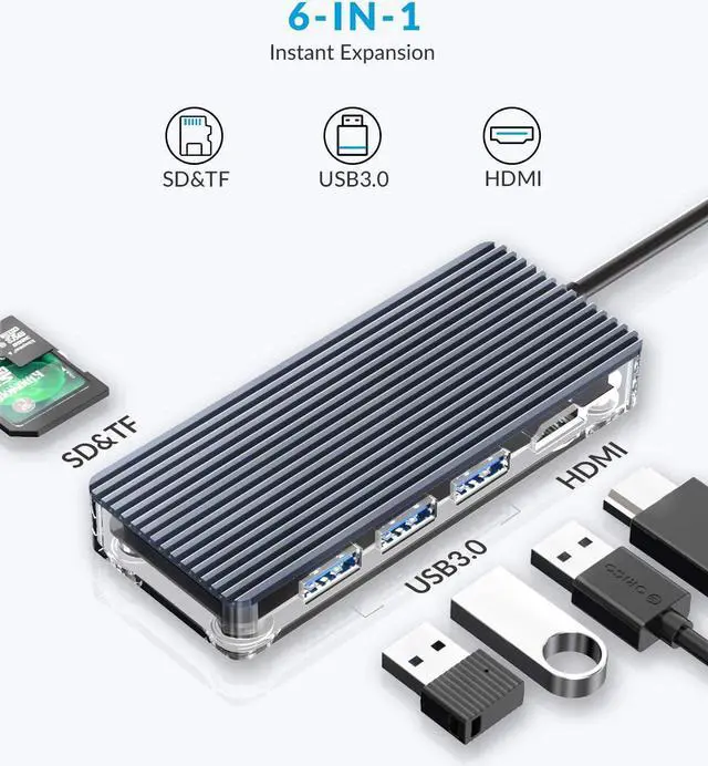 Alt view image 2 of 7 - USB C Hub, 6-in-1 USB C Adapter with 4K HDMI, SD/TF Card Slot, 3 USB 3.0 Data Ports for MacBook Air/Pro, XPS, Pixelbook, and More Type C Laptop\u2026