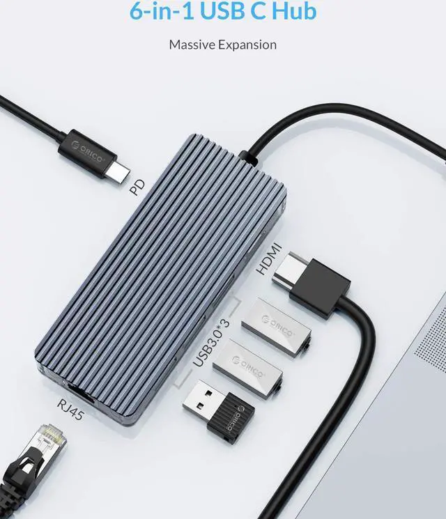 Alt view image 2 of 7 - USB C Hub, 6-in-1 USB C Adapter with 4K HDMI, 100W PD, Ethernet, 3 USB 3.0 Data Ports for MacBook Air/Pro, XPS, Pixelbookand More Type C Laptop\u2026