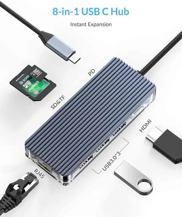 Alt view image 2 of 7 - USB C Hub, 8-in-1 USB C Adapter with 4K HDMI, 100W PD, Ethernet Port, SD/TF Card Slot, 3 USB 3.0 Data Ports for MacBook Air/Pro, XPS, Pixelbookand More Type C Laptop\u2026