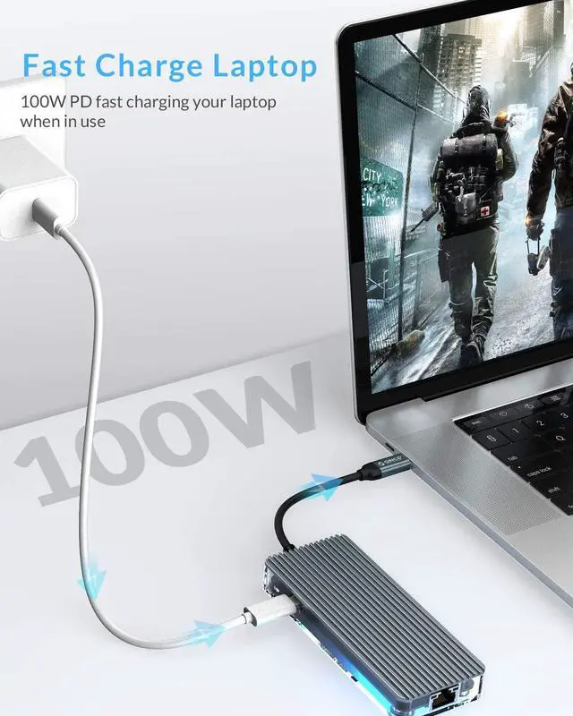 Alt view image 4 of 7 - USB C Hub, 6-in-1 USB C Adapter with 4K HDMI, 100W PD, Ethernet, 3 USB 3.0 Data Ports for MacBook Air/Pro, XPS, Pixelbookand More Type C Laptop\u2026