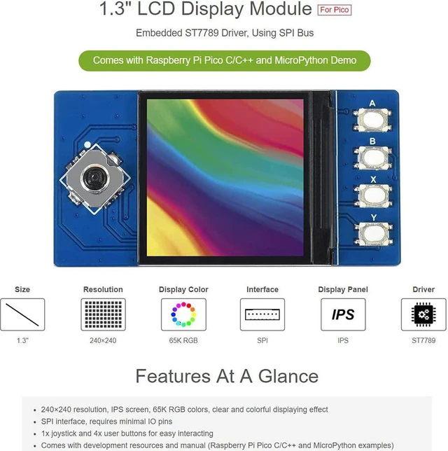 Alt view image 2 of 6 - waveshare 1.3inch LCD Display Module for Raspberry Pi Pico 65K RGB Colors 240×240 Pixels SPI Interface Comes with Raspberry Pi Pico C/C++ and MicroPython Demo