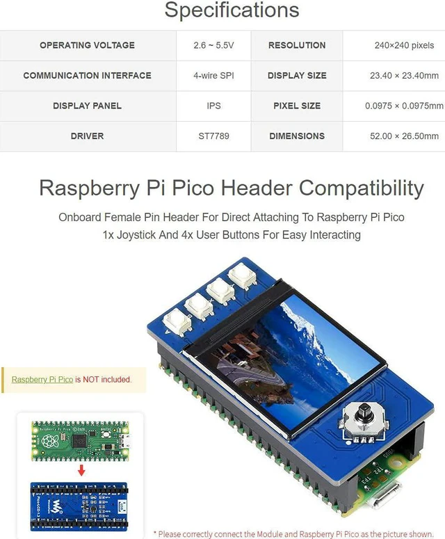 Alt view image 3 of 6 - waveshare 1.3inch LCD Display Module for Raspberry Pi Pico 65K RGB Colors 240×240 Pixels SPI Interface Comes with Raspberry Pi Pico C/C++ and MicroPython Demo