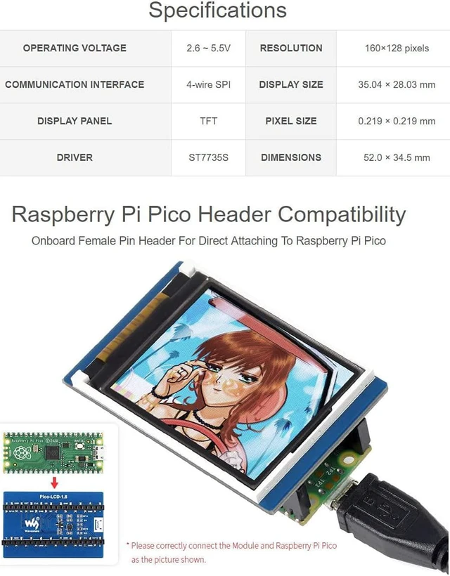 Alt view image 6 of 7 - waveshare 1.8inch LCD Display Module for Raspberry Pi Pico Microcontroller Board,160×128 Resolution 65K RGB Colors Display TFT Screen,SPI Interface