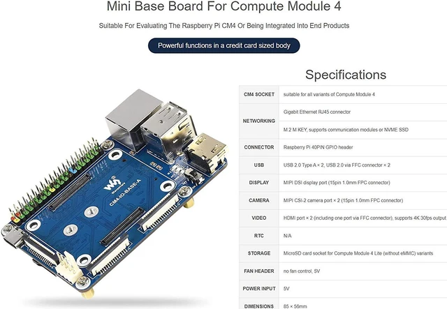 Alt view image 2 of 7 - Waveshare Mini Base Board (A) Designed for Raspberry Pi Compute Module 4 Suitable for Evaluating The Raspberry Pi CM4 Or Being Integrated Into End Products