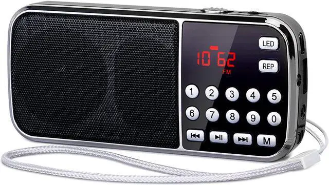 Main image of PRUNUS J-189 Bluetooth AM FM Radio, Small Portable Radios - Dual Speaker Heavy Bass, LED Flashlight, Pocket Size, TF Card USB AUX MP3 Player, Rechargeable Battery Operated Small Radio(Black)