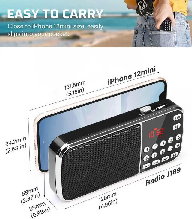 Alt view image 2 of 6 - PRUNUS J-189 Bluetooth AM FM Radio, Small Portable Radios - Dual Speaker Heavy Bass, LED Flashlight, Pocket Size, TF Card USB AUX MP3 Player, Rechargeable Battery Operated Small Radio(Black)