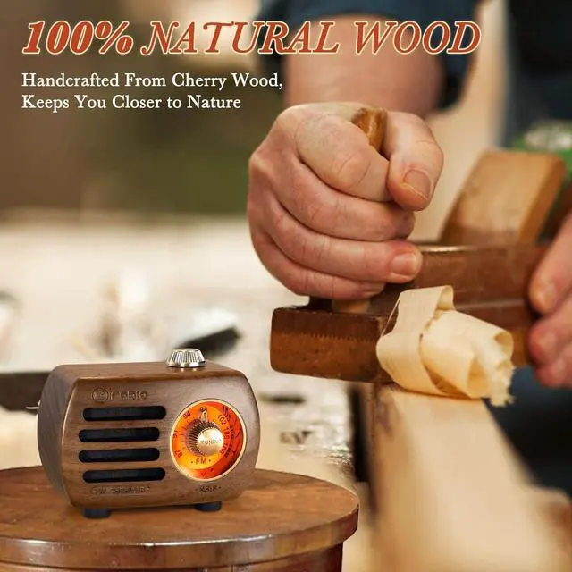 Alt view image 3 of 6 - PRUNUS Wood Retro FM Radio Bluetooth Mini Portable Wooden Old Vintage Radio Speaker, Rechargeable Battery Operated, Strong Bass Enhancement, Loud Volume, Support AUX in (Walnut) R-818