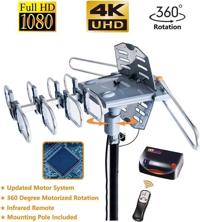 Alt view image 2 of 7 - McDuory Outdoor 150 Miles Digital TV Antenna 360 Degree Rotation Amplified HDTV Antenna -Support 2 TVs-UHF/VHF/1080P/4K - Infrared Remote - 40 feet RG6 Cable and Mounting Pole Included
