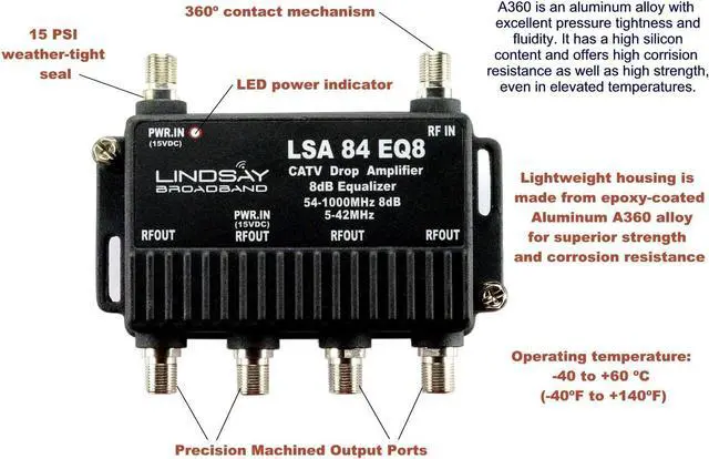 Alt view image 2 of 3 - 4-Port Cable TV/Antenna/HDTV/Internet Digital Signal Amplifier/Booster/Splitter/Equalizer with Passive Return, F59 Terminators (Lindsay LSA84-EQ8), Welcome to consult