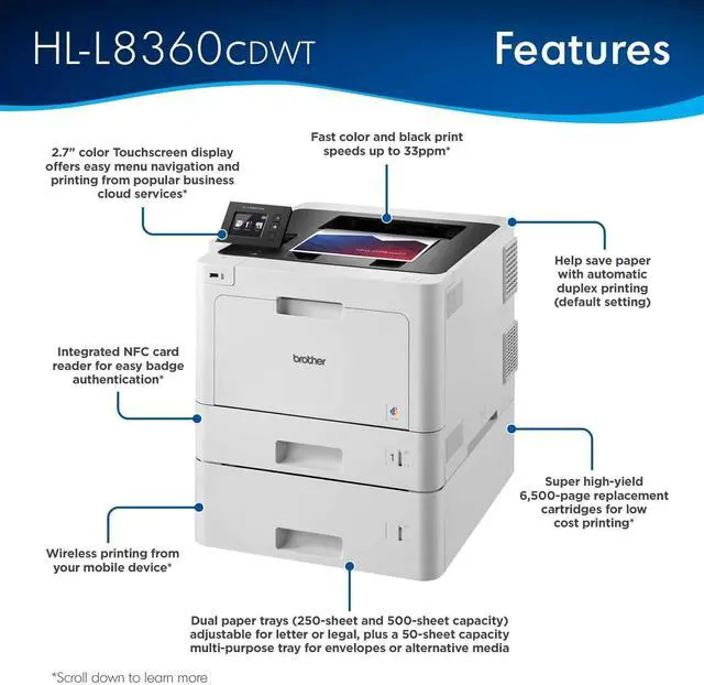Alt view image 2 of 7 - Brother Printer HLL8360CDWT Business Color Laser Printer with Duplex Printing, Wireless Networking and Dual Trays, White