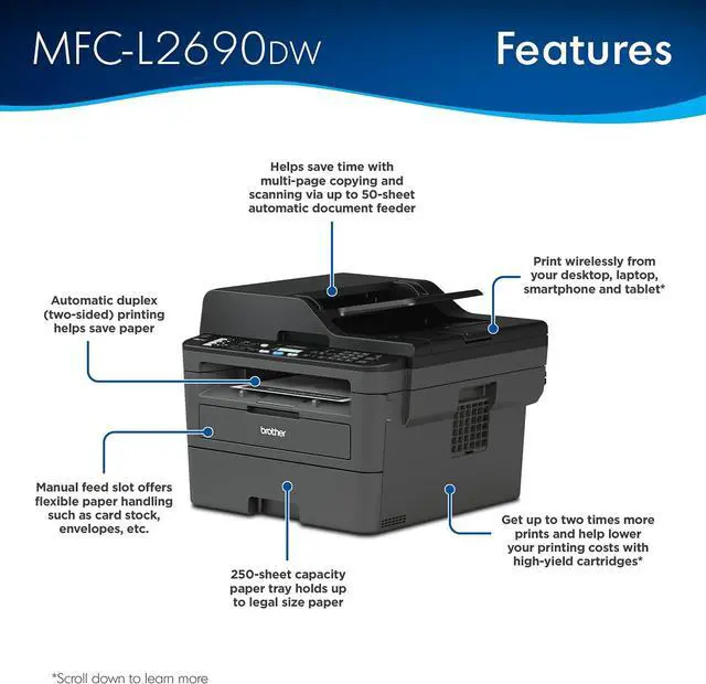 Alt view image 2 of 7 - Brother Premium MFC-L2690DW Compact Monochrome All-in-One Laser Printer