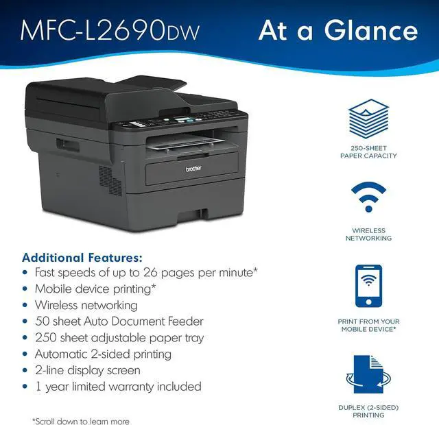 Alt view image 3 of 7 - Brother Premium MFC-L2690DW Compact Monochrome All-in-One Laser Printer