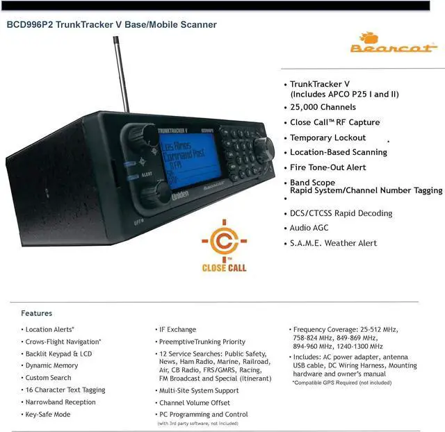 Alt view image 2 of 6 - BCD996P2 Digital Mobile TrunkTracker V Scanner, 25,000 Dynamically Allocated Channels, Close Call RF Capture Technology, 4-Line Alpha display, Base/Mobile Design, Phase 2