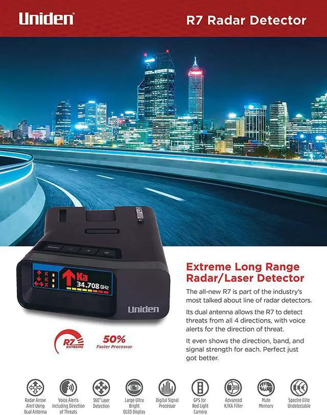 Alt view image 6 of 7 - R7 EXTREME LONG RANGE Laser/Radar Detector, Built-in GPS, Real-Time Alerts, Dual-Antennas Front & Rear w/Directional Arrows, Voice Alerts, Red Light and Speed Camera Alerts